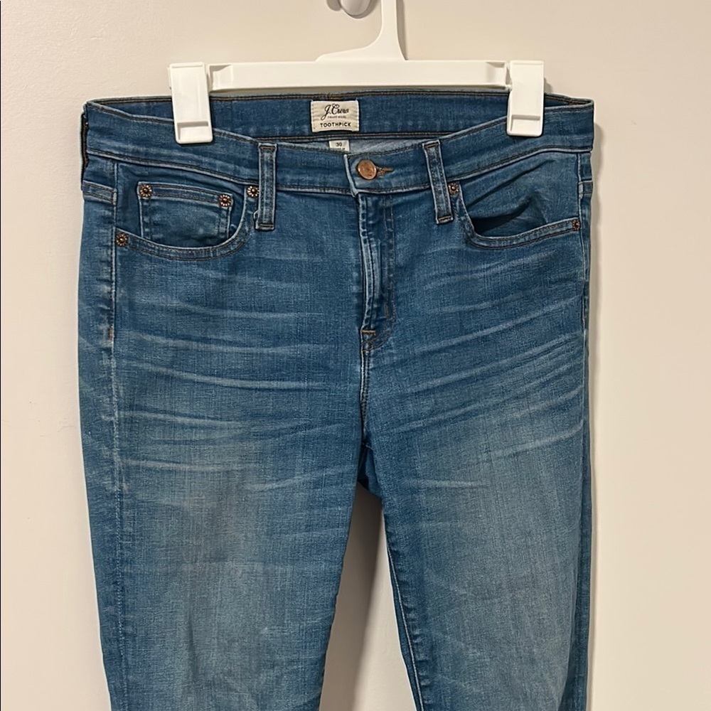J Crew Toothpick Denim Jeans Distressed Raw Hem Size 30
